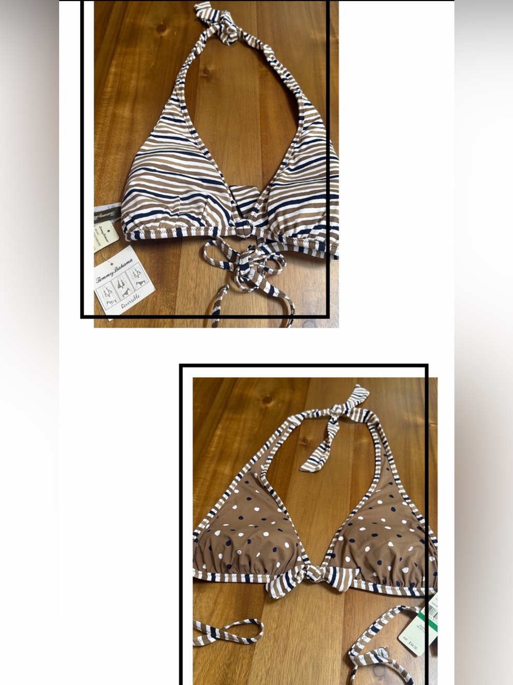 NWT Tommy Bahama Reversible Cup Swimsuit Top Sz L Taupe & Black